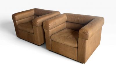 Set of 2 Brown Genuine Leather Club Chairs 1980s