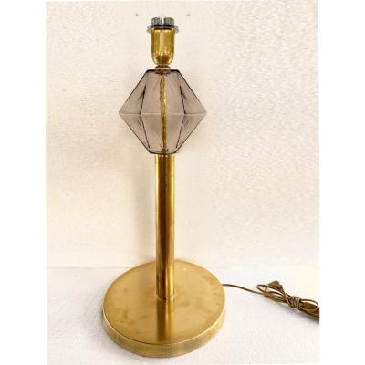 Set of 2 Contemporary Italian Fum Murano Glass Table Lamps W Unlaquered Brass