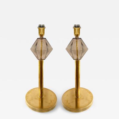 Set of 2 Contemporary Italian Fum Murano Glass Table Lamps W Unlaquered Brass