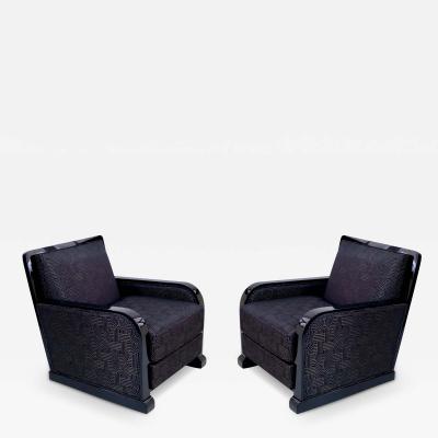 Set of 2 French Art Deco Club Chairs in Black Lacquer with Art Deco Pattern