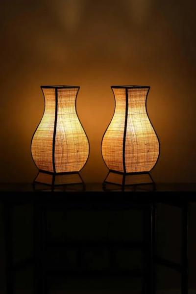 Set of 2 Molto Pagoda Straw Table Lamps small size edition 