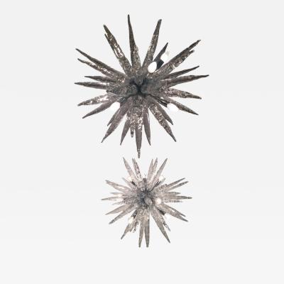 Set of 2 Murano Glass Ice Clear Sputnik Italian Chandelier