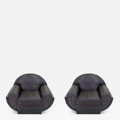Set of 2 Roundish Art Deco Club Chairs in Black Lacquer with Art Deco Pattern