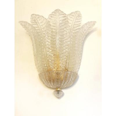 Set of 2 Venetian Transparent Graniglia Leaf Murano Glass Wall Sconces