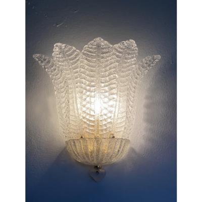 Set of 2 Venetian Transparent Graniglia Leaf Murano Glass Wall Sconces