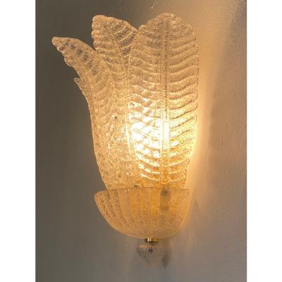 Set of 2 Venetian Transparent Graniglia Leaf Murano Glass Wall Sconces