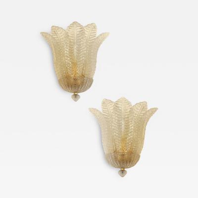 Set of 2 Venetian Transparent Graniglia Leaf Murano Glass Wall Sconces