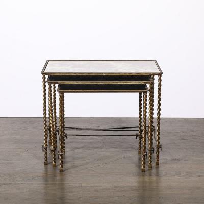 Set of 3 Art Deco Gilt Bronze Rope Form Nesting Tables W Antiqued Mirror Glass