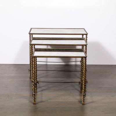 Set of 3 Art Deco Gilt Bronze Rope Form Nesting Tables W Antiqued Mirror Glass
