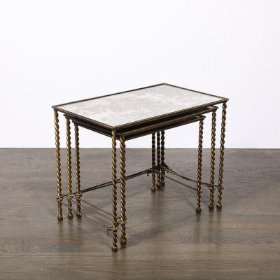 Set of 3 Art Deco Gilt Bronze Rope Form Nesting Tables W Antiqued Mirror Glass