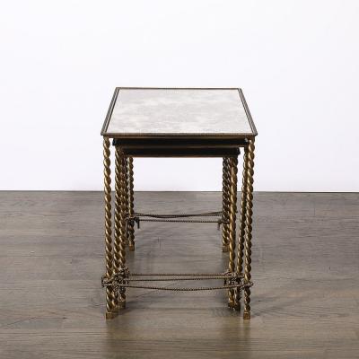 Set of 3 Art Deco Gilt Bronze Rope Form Nesting Tables W Antiqued Mirror Glass