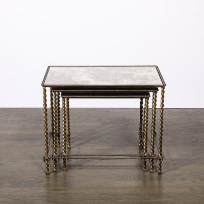 Set of 3 Art Deco Gilt Bronze Rope Form Nesting Tables W Antiqued Mirror Glass