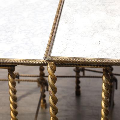 Set of 3 Art Deco Gilt Bronze Rope Form Nesting Tables W Antiqued Mirror Glass