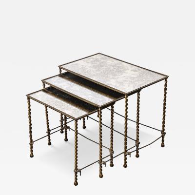 Set of 3 Art Deco Gilt Bronze Rope Form Nesting Tables W Antiqued Mirror Glass