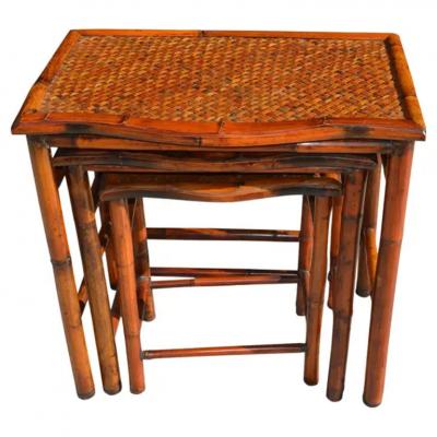 Set of 3 Bamboo and Cane Nesting Side Tables