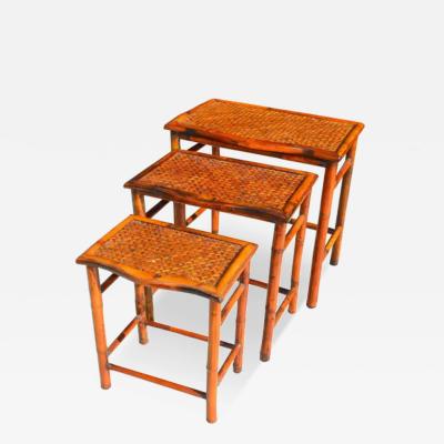 Set of 3 Bamboo and Cane Nesting Side Tables