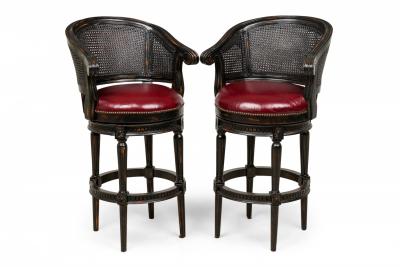 Set of 3 Black Wood and Cane Horseshoe Back Swivel Stools with Red Leather Seats
