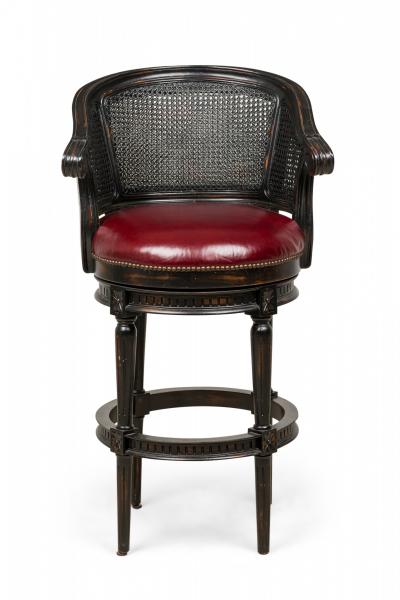 Set of 3 Black Wood and Cane Horseshoe Back Swivel Stools with Red Leather Seats