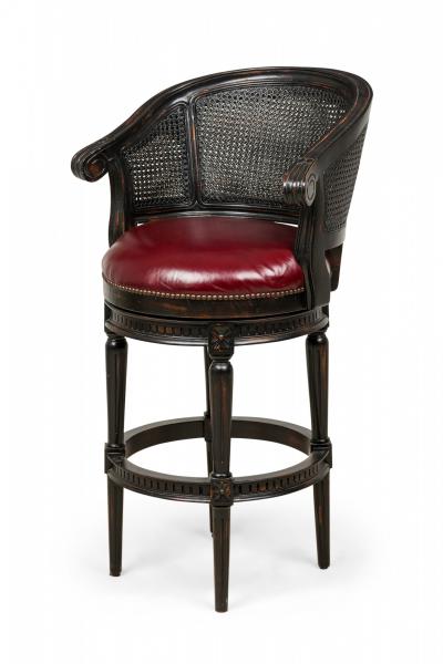 Set of 3 Black Wood and Cane Horseshoe Back Swivel Stools with Red Leather Seats