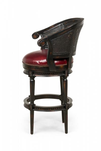 Set of 3 Black Wood and Cane Horseshoe Back Swivel Stools with Red Leather Seats