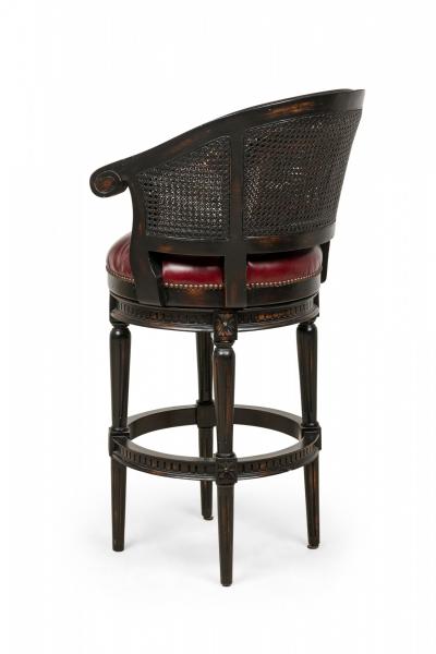 Set of 3 Black Wood and Cane Horseshoe Back Swivel Stools with Red Leather Seats
