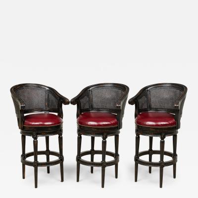Set of 3 Black Wood and Cane Horseshoe Back Swivel Stools with Red Leather Seats