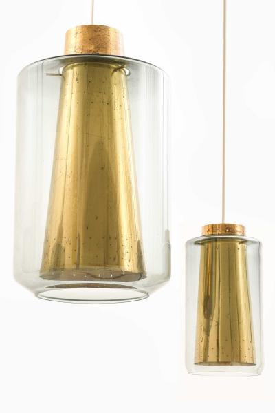 Set of 3 Brass Glass Ceiling Lamps 1950s