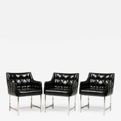 Set of 3 Carson American Button Tufted Black Vinyl and Chrome Armchairs
