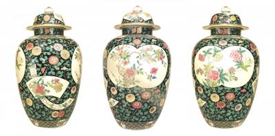 Set of 3 Chinese Style Black and White Porcelain Temple Jars