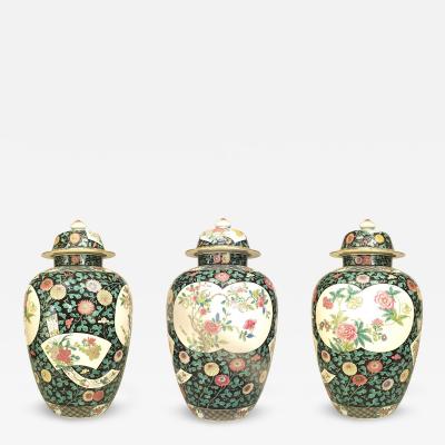 Set of 3 Chinese Style Black and White Porcelain Temple Jars