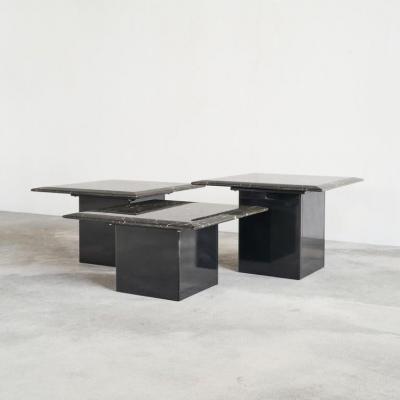 Set of 3 Coffee or Nesting Tables in Black Marble and Black Lacquer 1970s
