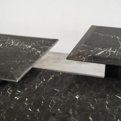 Set of 3 Coffee or Nesting Tables in Black Marble and Black Lacquer 1970s