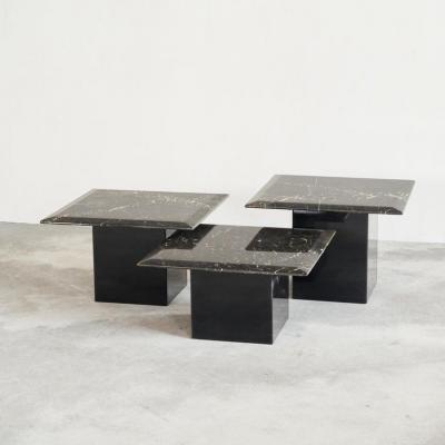 Set of 3 Coffee or Nesting Tables in Black Marble and Black Lacquer 1970s