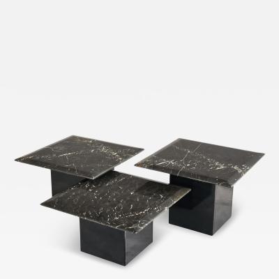 Set of 3 Coffee or Nesting Tables in Black Marble and Black Lacquer 1970s
