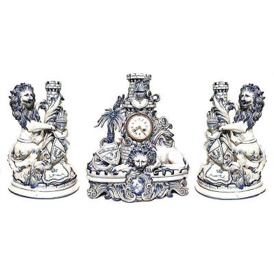 Set of 3 French Victorian Porcelain Lion Clock Set
