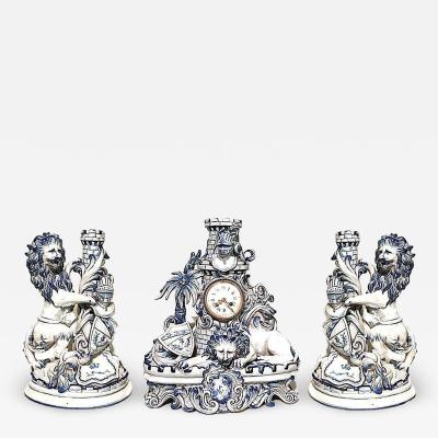 Set of 3 French Victorian Porcelain Lion Clock Set