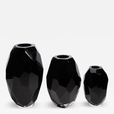 Set of 3 Hand Blown Murano Faceted Vases in Onyx Black