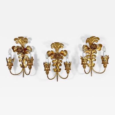 Set of 3 Italian Gilt Metal Acanthus Leaf Wall Lights