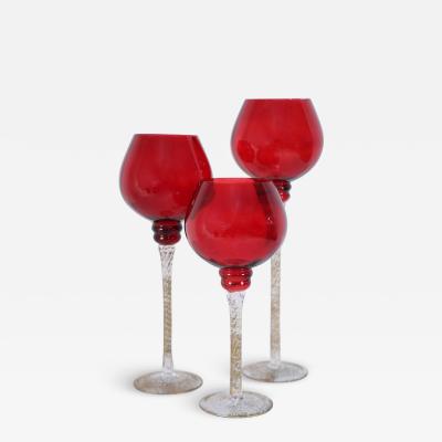 Set of 3 Italian Venetian Red and Gold Glass Goblets