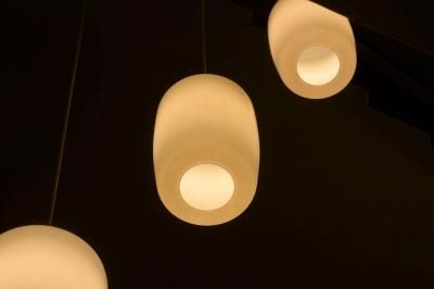 Set of 3 Large Mid Century Pendant Lamps in Opaline Glass 1960