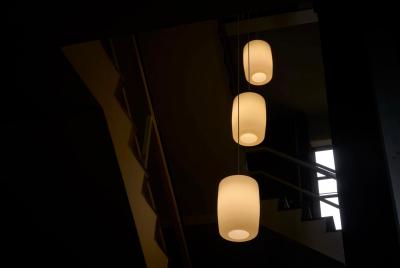 Set of 3 Large Mid Century Pendant Lamps in Opaline Glass 1960