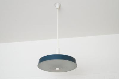 Set of 3 Large Mid Century Pendant Lamps in Painted Metal and Opaline Glass 1960