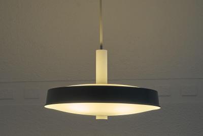 Set of 3 Large Mid Century Pendant Lamps in Painted Metal and Opaline Glass 1960