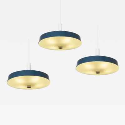 Set of 3 Large Mid Century Pendant Lamps in Painted Metal and Opaline Glass 1960