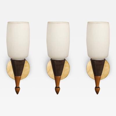 Set of 3 Mid Century Frosted Glass Burnt Umber Enamel Walnut Brass Sconces