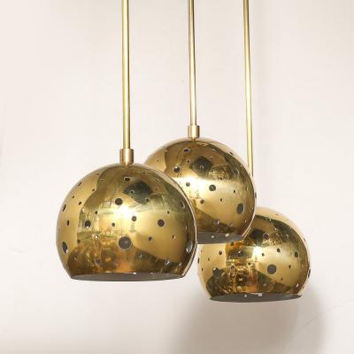 Set of 3 Mid Century Rounded Brass Pendant Chandeliers W Circular Cutout Detail