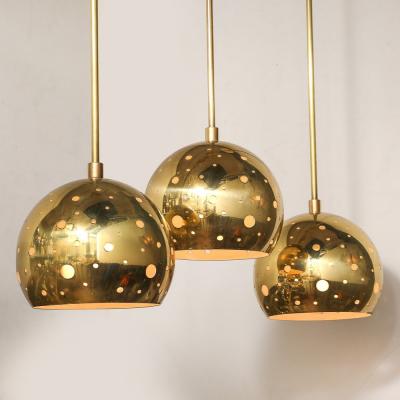 Set of 3 Mid Century Rounded Brass Pendant Chandeliers W Circular Cutout Detail