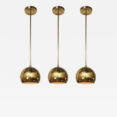 Set of 3 Mid Century Rounded Brass Pendant Chandeliers W Circular Cutout Detail