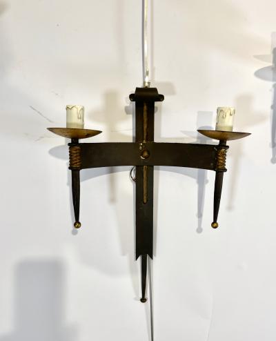 Set of 3 Neo Gothic wall light in wrought iron gilded with leaf France 1920