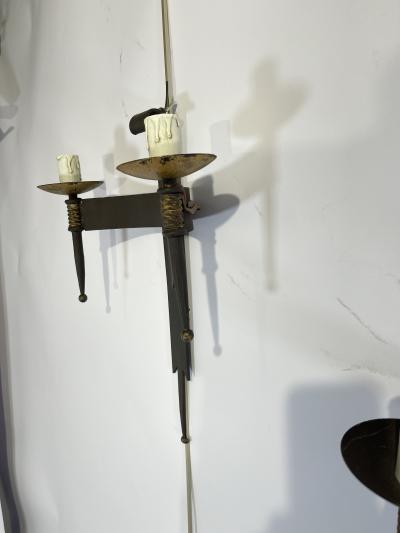 Set of 3 Neo Gothic wall light in wrought iron gilded with leaf France 1920